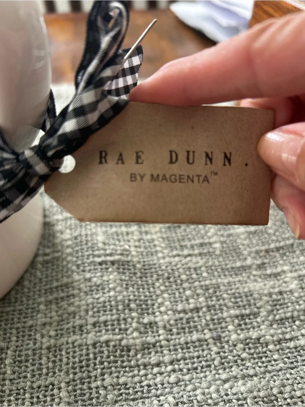 Rae Dunn White Ceramic Mug with Black Gingham Ribbon